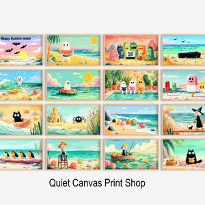 May include: A set of framed art prints depicting cartoon beach scenes with various characters. The illustrations show ghosts, cats, and other creatures at the beach. The artwork uses a bright and cheerful colour palette, with blues, yellows, and oranges.