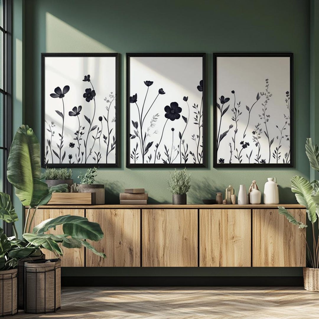 Botanical Black-and-white Wildflower Triptych, Minimalist Wall Art