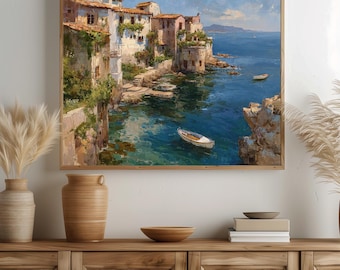 Mediterranean Seascape Art Print, Coastal Village Painting (Instant Download)