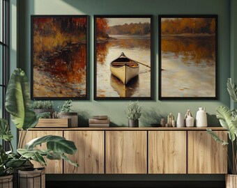 Rustic Autumn Lakeside Triptych Prints, Moody Maple Shore Wall Art Set, Serene Nature-Inspired Decor, Digital Download, Printable Art