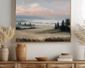 Misty Autumn Landscape Print – Vintage Farmhouse Wall Art (Digital Download)