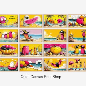 Può includere: Una collezione di stampe artistiche incorniciate con illustrazioni stravaganti a tema Halloween ed estivo. Ogni stampa presenta personaggi colorati, zucche e scene di spiaggia, con il testo "Happy Summerween" visibile in una.