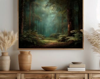 May include: A framed landscape print depicts a lush forest scene. Tall trees with dark brown trunks and green foliage create a canopy. Ferns and other plants line a path leading into the misty distance. The artwork is in a wooden frame.