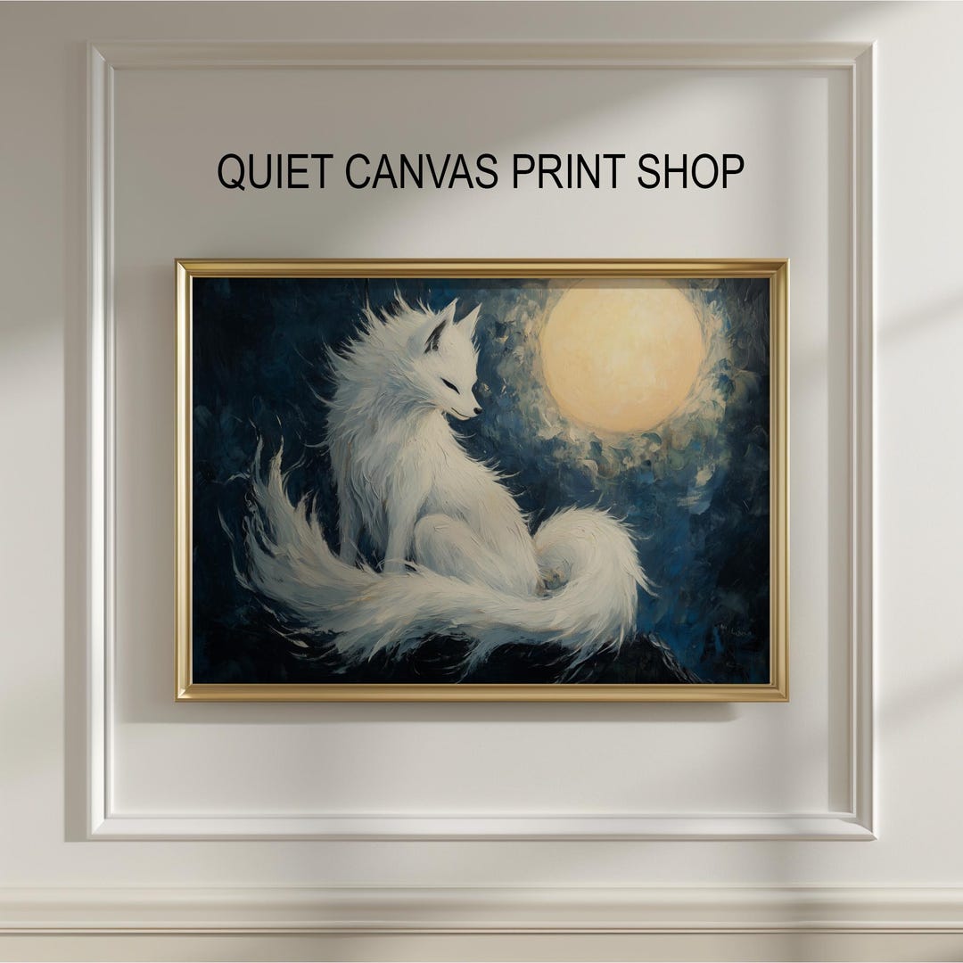 White Kitsune Moon Art Print – Fantasy Fox Digital Painting (digital ...