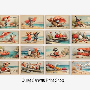 May include: A set of framed art prints depicting whimsical beach scenes with cartoon characters. Each print shows a unique coastal setting with vibrant colours and playful illustrations, ideal for adding a touch of fun to any space.