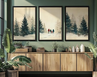 冬の森の三連画の壁アート、素朴なモダンな冬の風景、ミニマリストの水彩画、スカンジナビアスタイル、居心地の良い家族の風景