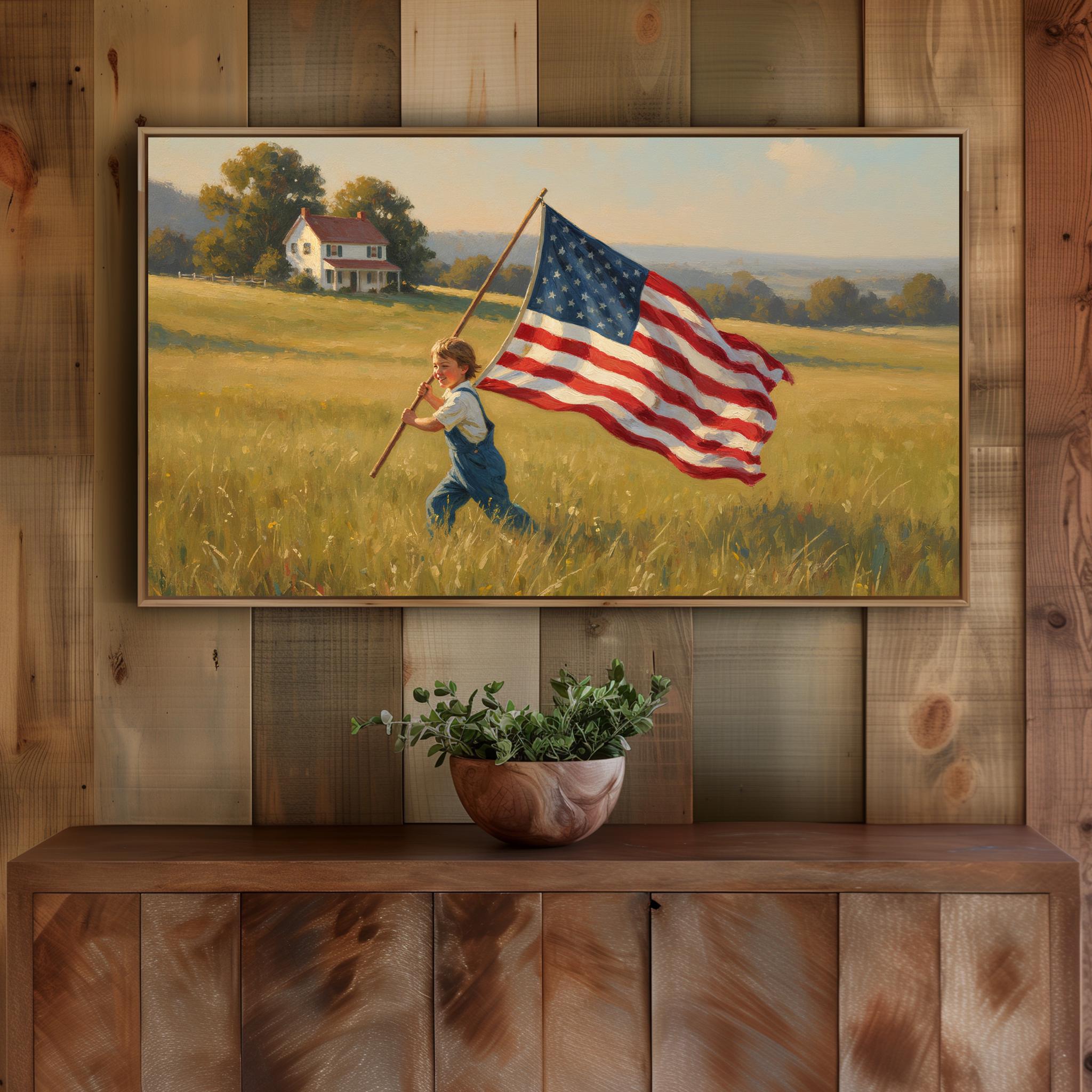 Vintage Americana Frame TV Art, Patriotic Boy Flag Scene, July 4th