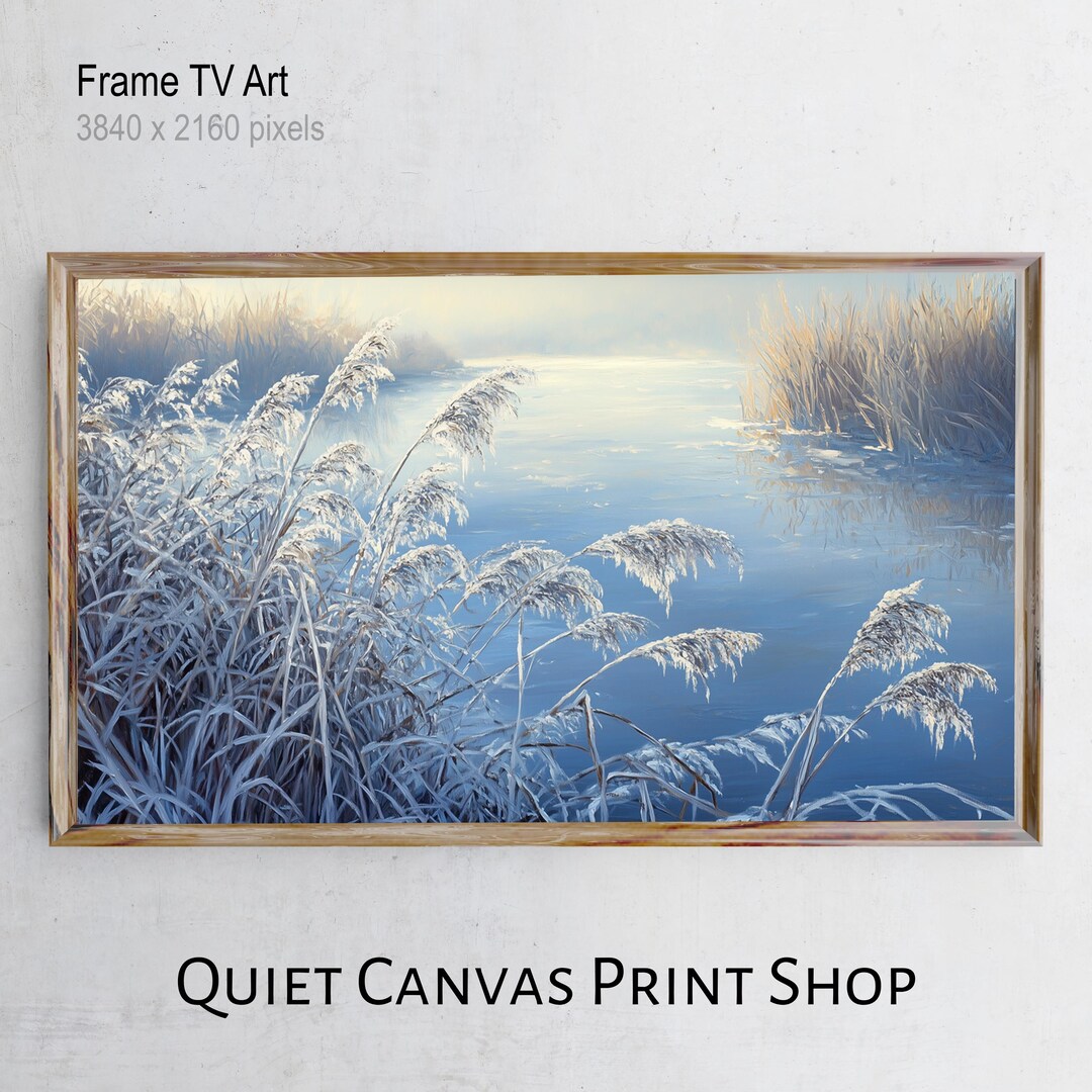 Scene Frame Rustic Winter River Scene Frame TV Art, Frosted Reeds Landscape Art ...