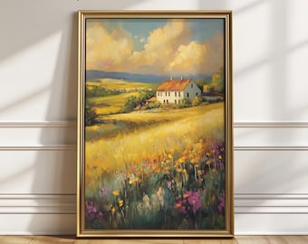Vintage Farmhouse Landscape Print – Rustic Pastoral Cottagecore (Digital Download)