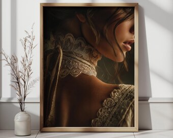 Impressão de retrato feminino vintage - Arte de parede romântica e melancólica (Download digital)