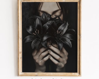 Moody Gothic Black Lily Portrait – Dark Floral Digital Painting (Printable Wall Decor)