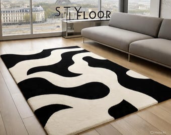 Monochrome Flow Wool Area Rug, Abstract Liquid Swirl Carpet, Hand-Tufted Living Room Decor