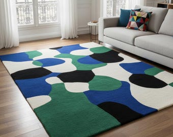 Hand-tufted Wool Area Rug, Abstract Geometric Patchwork Carpet, Modern Living Room Decor