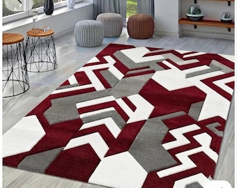 Handmade Burgundy Geometric Rug, Modern Abstract Area Rug, Gray White Tufted Rug, Contemporary Bold Pattern rug, large area rug tephich rug