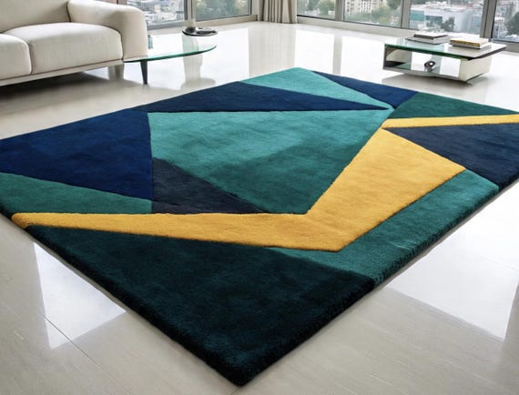 Modern Geometric Rug,Hand Tufted Abstract Area Rug, Navy Blue and Mustard Yellow Contemporary rug, Colorful Statement Rug, funky home decor