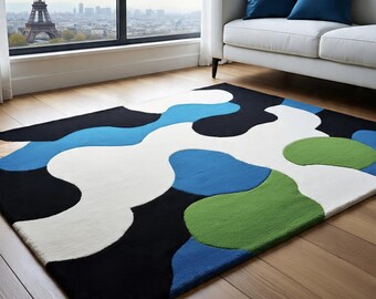 Hand-Tufted Wool Area Rug, Abstract Organic Shape Carpet, Modern Color Block Floor Rug