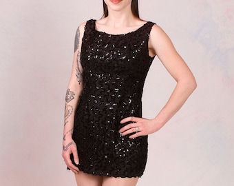 Vintage 1960's Black Sequin Mod Tank Mini Dress Size Small