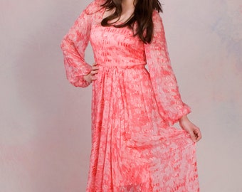 Vintage 1960's Pink Silk Long Sleeve Boho Asymmetrical Maxi Dress Size M