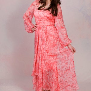 Vintage 1960's Pink Silk Long Sleeve Boho Asymmetrical Maxi Dress Size M image 1