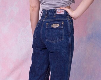 Vintage 1970's High Waist Straight Leg Dark Wash Boho Flare Bell Jeans Size XS