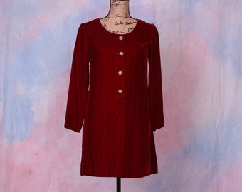 Vintage 1960's Red Velvet Long Sleeve A-Line Mini Shift Dress Size Small