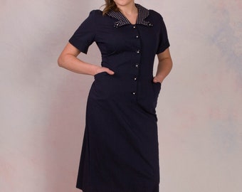 Vintage 1950's Navy Collared Wiggle Office Wear Mad Men Dress Size Large