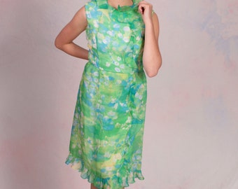 Vintage 1960's Garden Party Chiffon Floral Summer Dress Size Medium