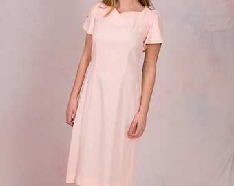 Vintage 1980 's Leslie Fay bleke roze schattig kantoorwerk dragen jurk w/Bow mouwen maat medium