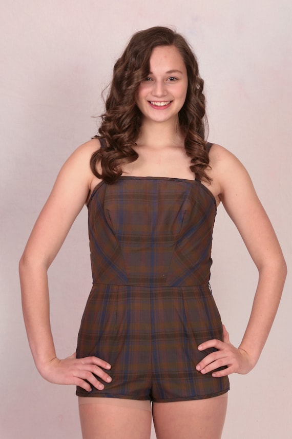 Vintage 1950's Plaid Rouched Side Playsuit Sun Su… - image 3