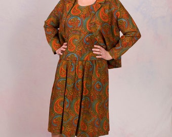 Vintage 1960's 3 Piece Pailsey Boho Outfit Skirt Suit Size Medium