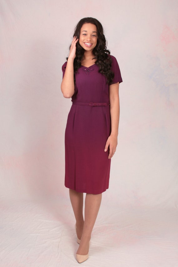 VTG 1940's Crepe Purple Pencil Dress w/ Belt Sz M… - image 2