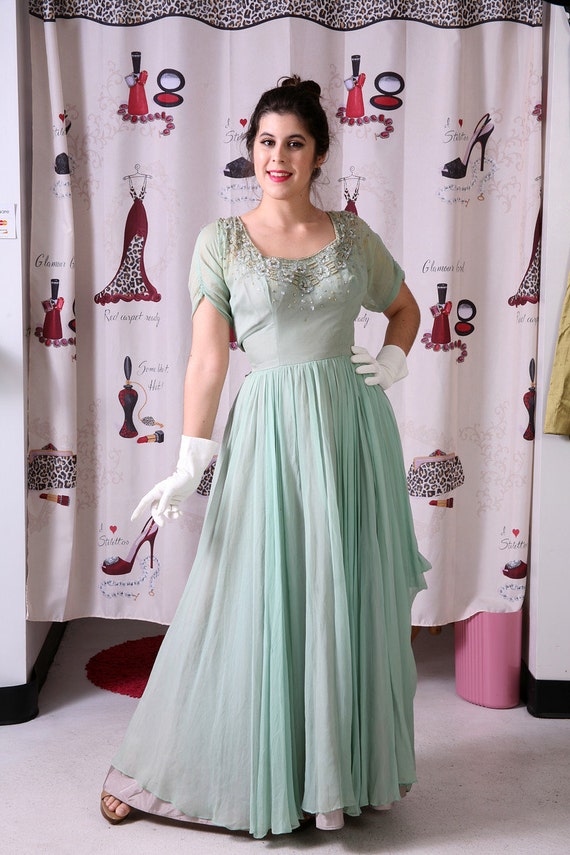 Vintage 1940's FRANK STARR Silk Beaded Mint Gown … - image 3