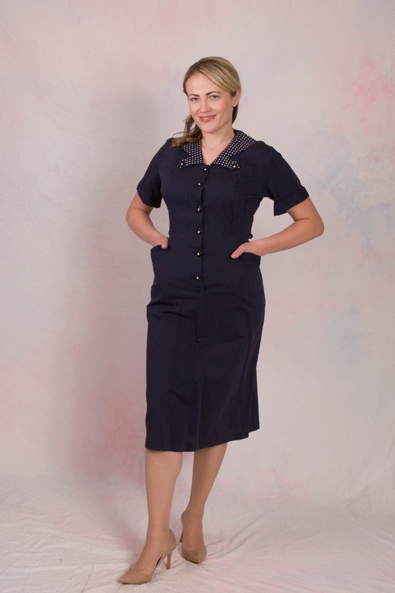 Vintage 1950's Navy Collared Wiggle Office Wear M… - image 4