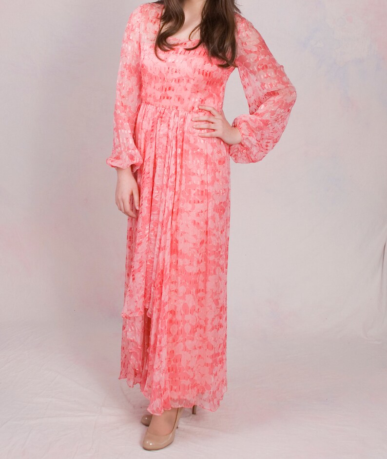 Vintage 1960's Pink Silk Long Sleeve Boho Asymmetrical Maxi Dress Size M image 6