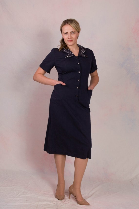 Vintage 1950's Navy Collared Wiggle Office Wear M… - image 1
