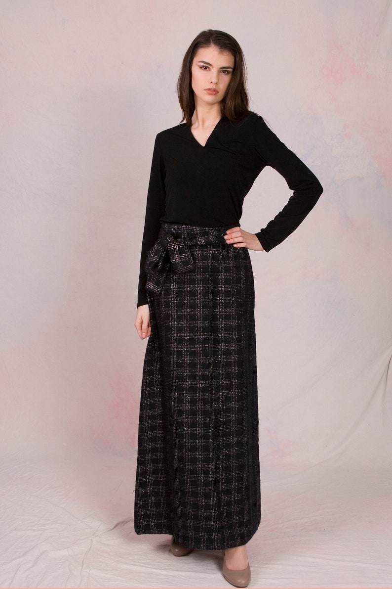 Vintage 1960's High Waist Deadstock Witchy Wool Iridescent Plaid Maxi Skirt w/ Matching Belt Size Small image 1