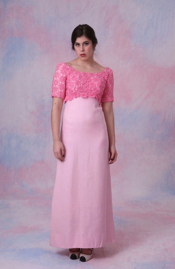 Vintage 60's Flower Applique Low Back Empire Waist Pink PROM BRIDAL Dress  W/ Train - Etsy