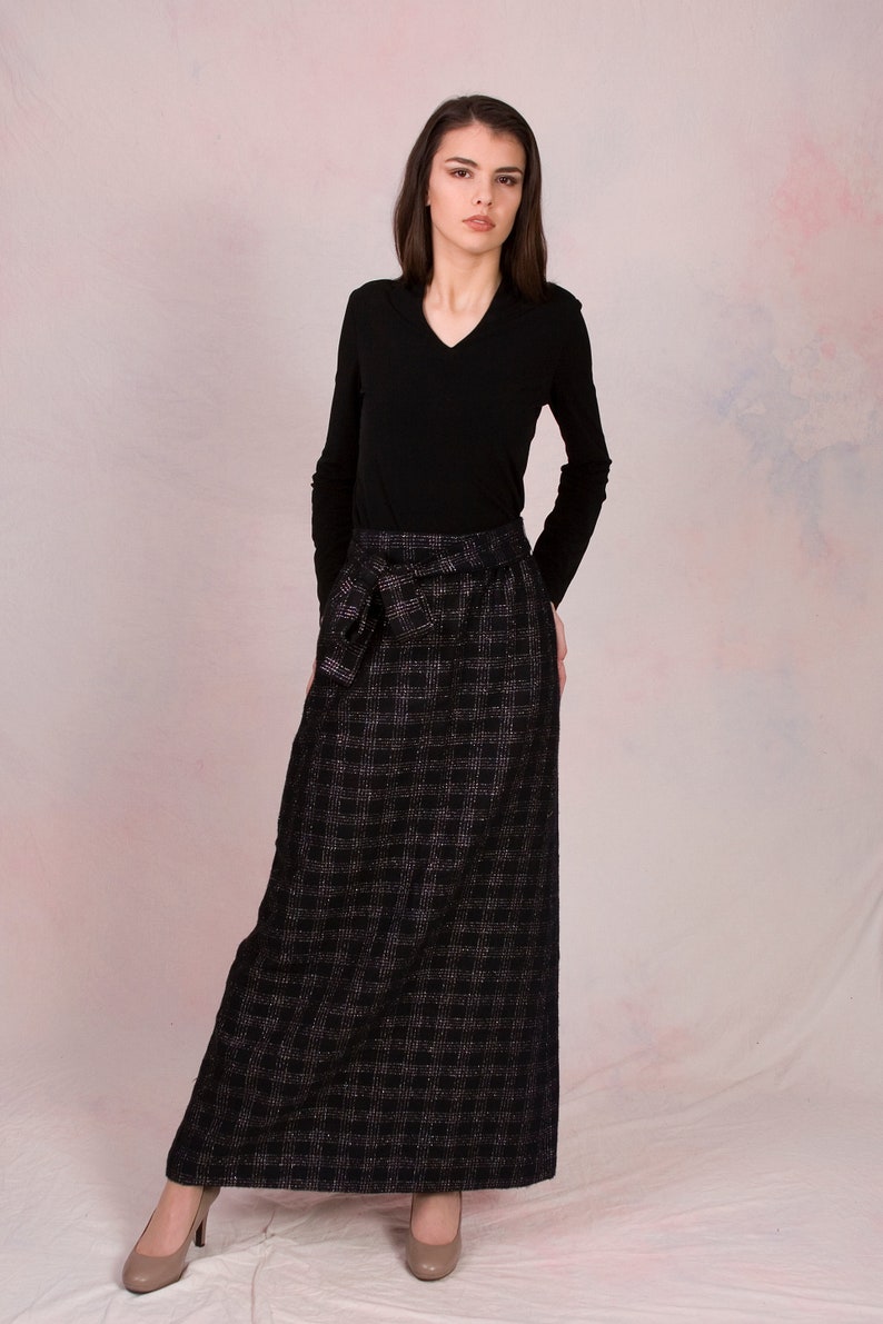 Vintage 1960's High Waist Deadstock Witchy Wool Iridescent Plaid Maxi Skirt w/ Matching Belt Size Small image 4