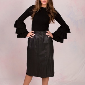 Vintage 1980&#39;s Black Leather Pencil Skirt Size Medium