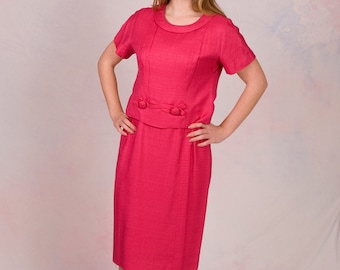 Vintage 1960's Jackie-O Style Two Piece Outfit Suit Dress Hot Pink Audrey Hepburn Size Medium