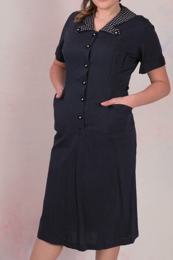 Vintage 1950's Navy Collared Wiggle Office Wear M… - image 3