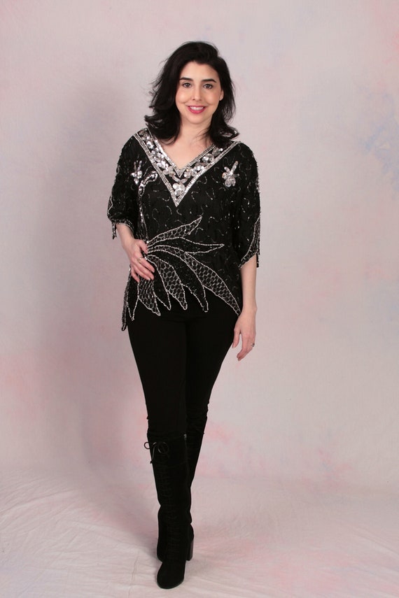 Vintage 1980's Beaded and Sequin Silk Tunic Top On