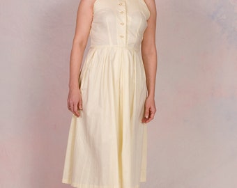 Vintage 1950's Halter Marilyn Monroe Light Yellow Peter Pan Collar Cotton Sundress Size Medium/Large