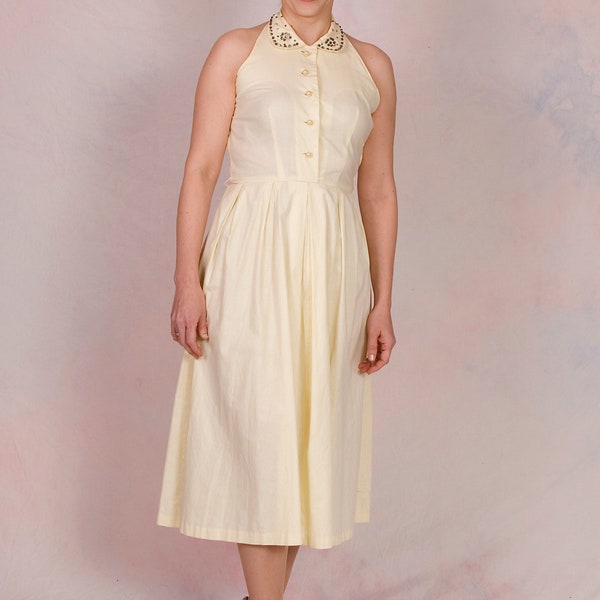 Jahrgang 1950 Halfter Marilyn Monroe Licht gelb Peter-Pan-Kragen Baumwolle Sommerkleid Größe Medium/Large
