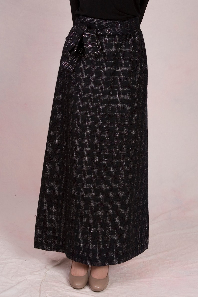 Vintage 1960's High Waist Deadstock Witchy Wool Iridescent Plaid Maxi Skirt w/ Matching Belt Size Small image 5