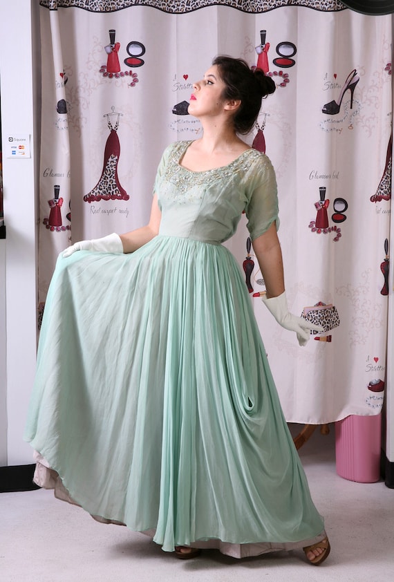 Vintage 1940's FRANK STARR Silk Beaded Mint Gown P
