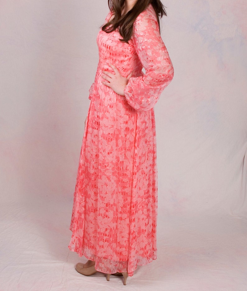 Vintage 1960's Pink Silk Long Sleeve Boho Asymmetrical Maxi Dress Size M image 3