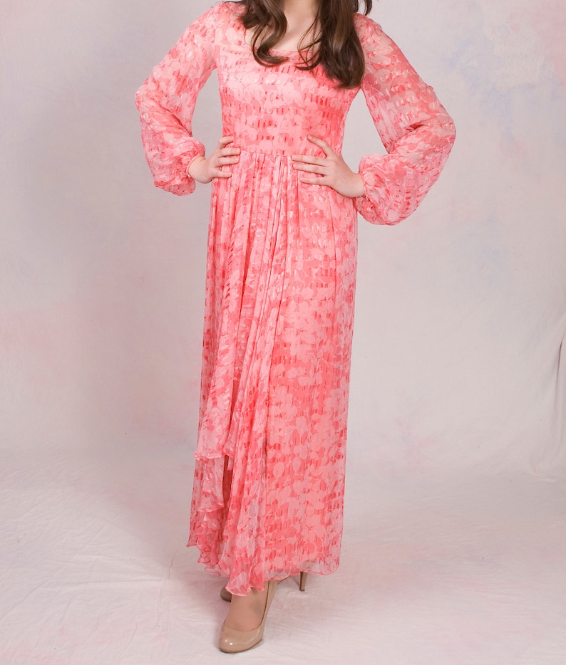 Vintage 1960's Pink Silk Long Sleeve Boho Asymmetrical Maxi Dress Size M image 4