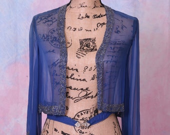 Vintage 1920's Flapper Silk Chiffon Organza Beaded Bolero Shrug With Matching Belt Size Small