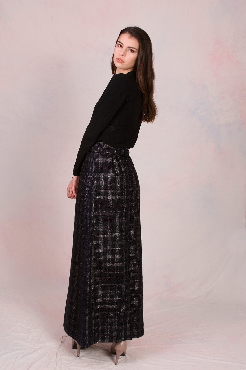 Vintage 1960's High Waist Deadstock Witchy Wool Iridescent Plaid Maxi Skirt w/ Matching Belt Size Small image 3